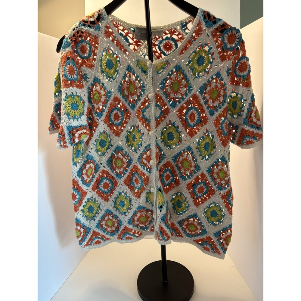 VTG Fiorlini Granny Square Crochet Cardigan Short Sleeve Top M Cottagecore